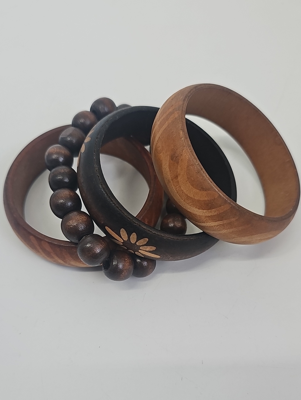Wooden Bangles & Beaded Bracelet 4-Bundle Light & Dark Brown Wood Boho Ethnic